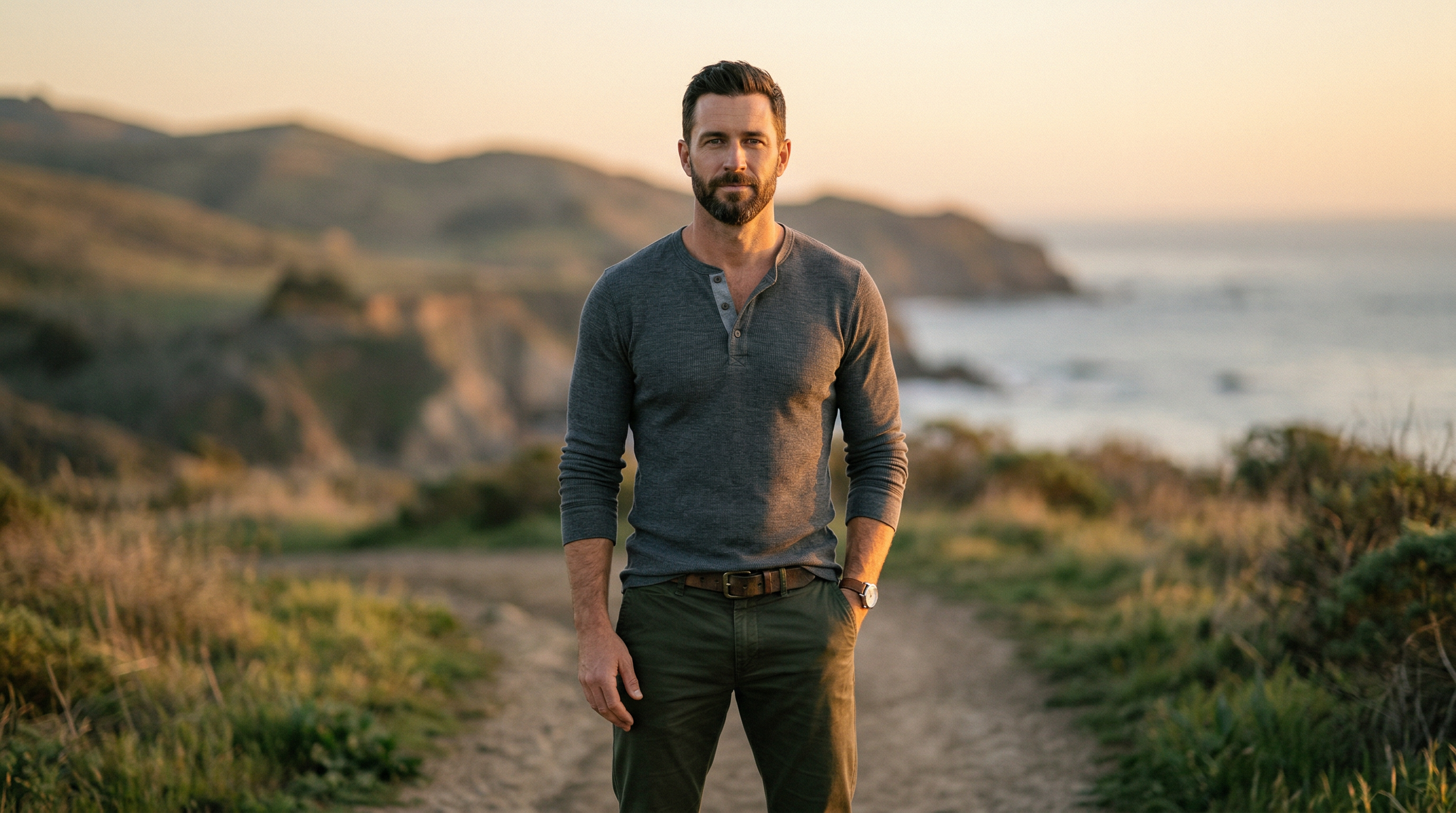 Confident man outdoors at golden hour