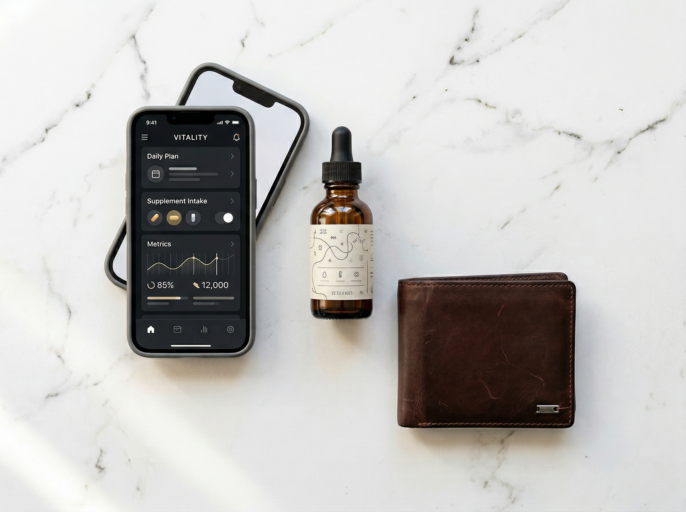 Testosterone vial and smartphone showing health dashboard